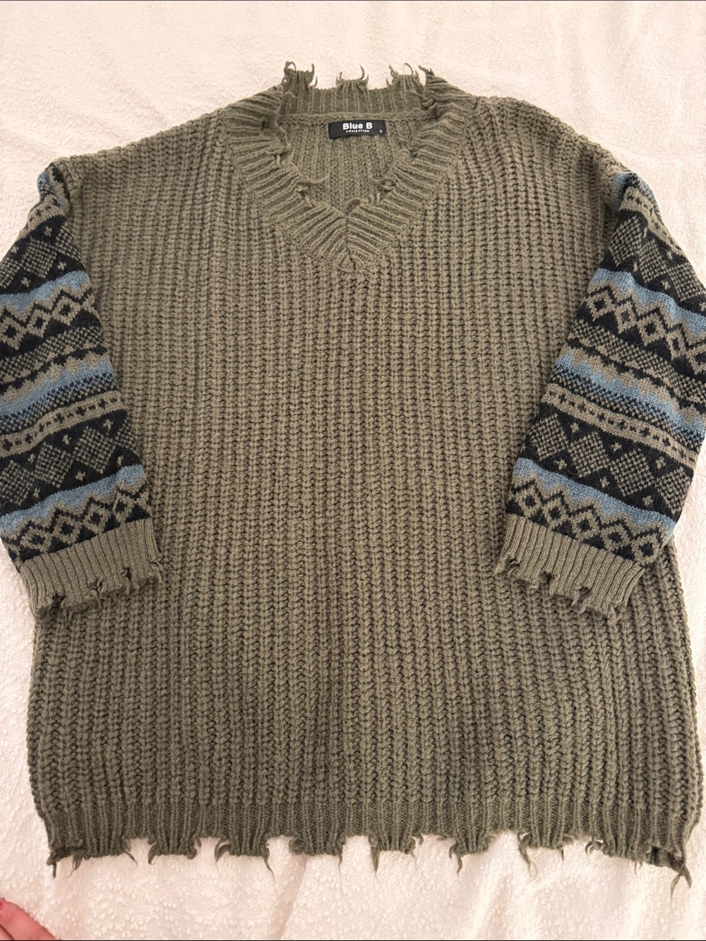 Blue B. Olive Knit V‑Neck Sweater with Patterned Sleeves